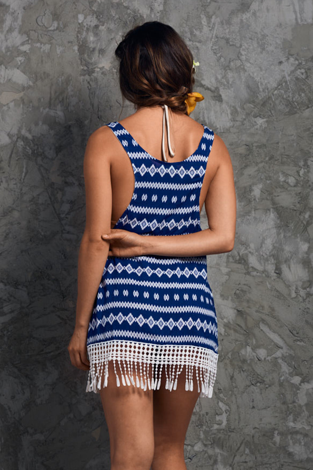 Blue and white beach Cover Up Palmazul Beachwear short dress with guipure lace Back