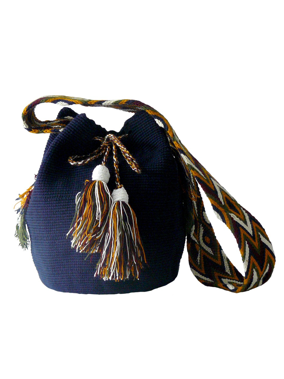 Dark blue and mustard woven shoulder bag with tassels and white beads Palmazul Beachwear Wayuu Mochila
