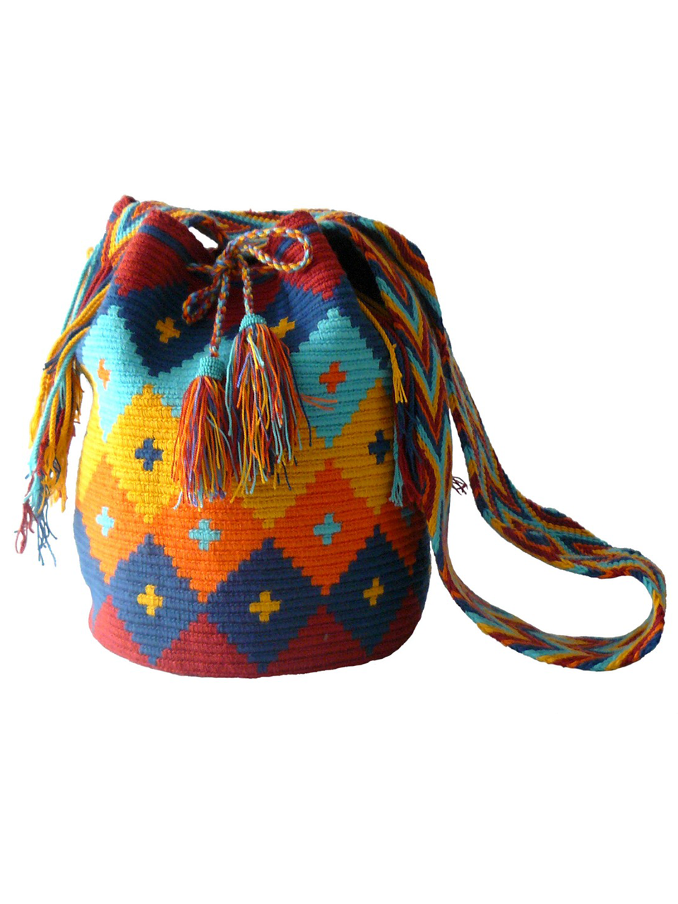 Diamond pattern orange, yellow, red and blue woven shoulder bag with tassels and beads Palmazul Beachwear Wayuu Mochila