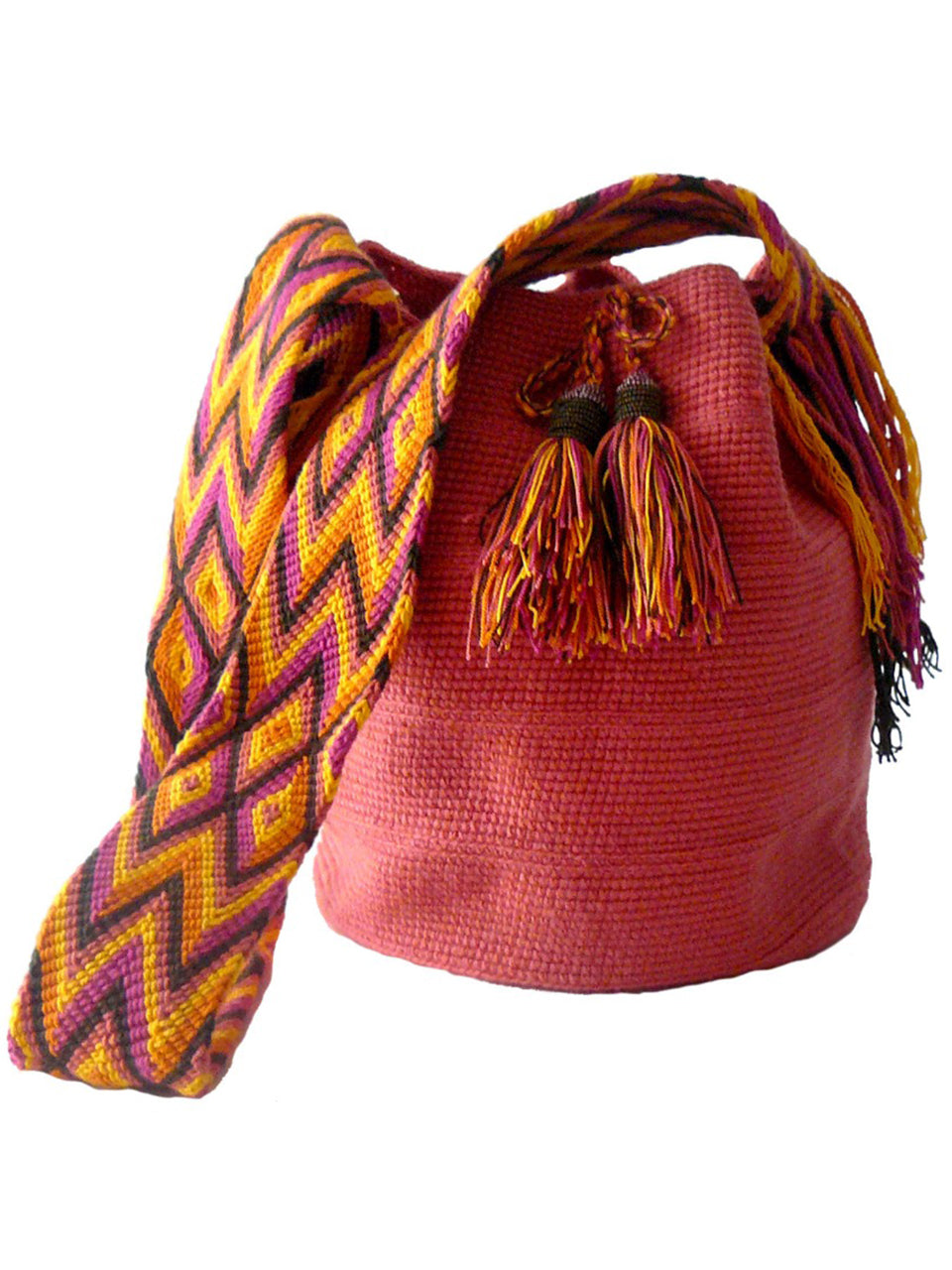 Pink woven shoulder bag with tassels and beads Palmazul Beachwear Wayuu Mochila