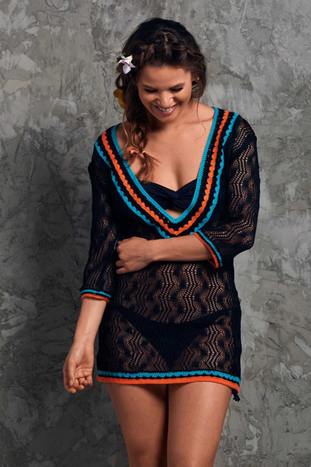 Crochet Black beach Cover up Palmazul Beachwear short dress Front
