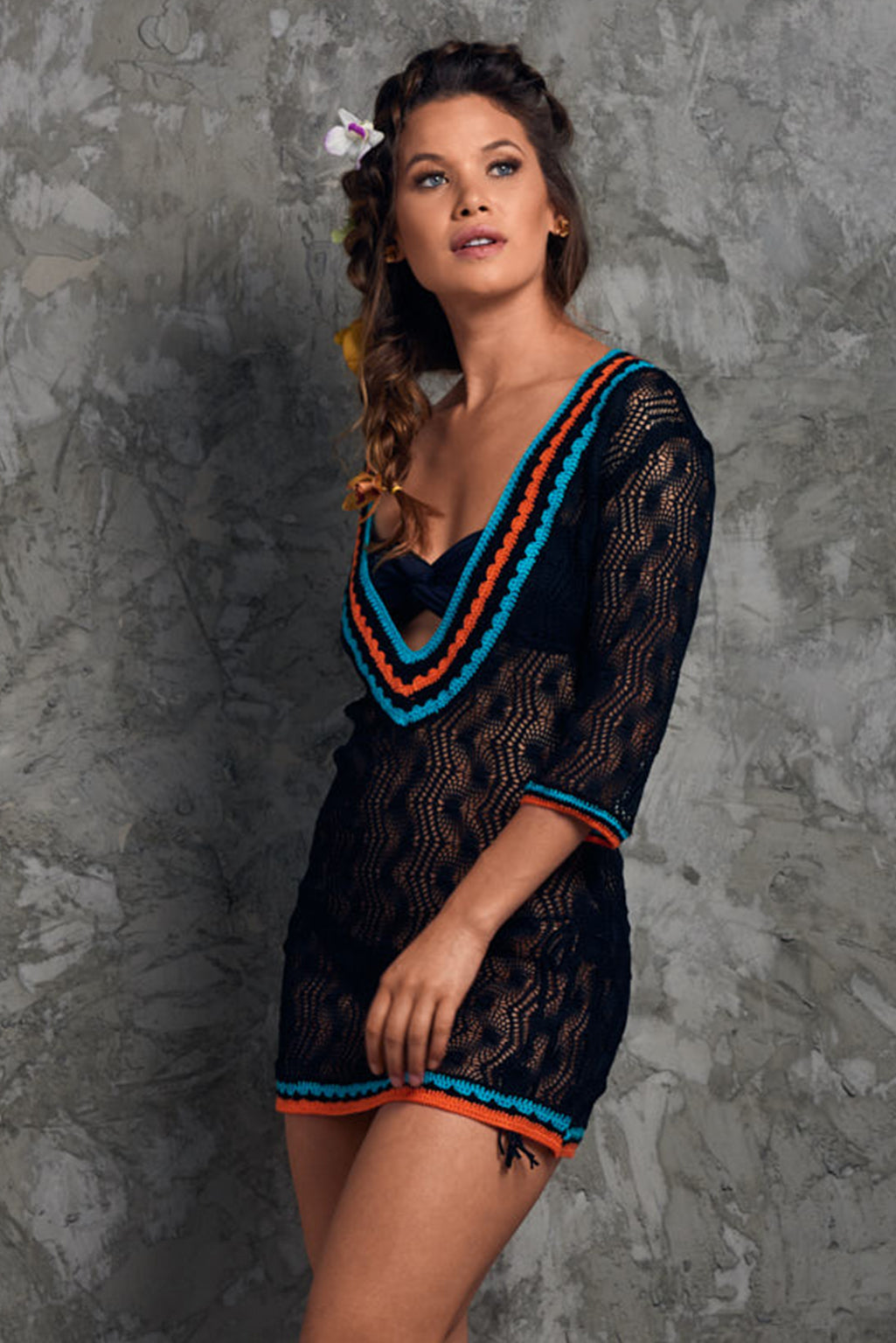 Crochet Black beach Cover up Palmazul Beachwear short dress Side