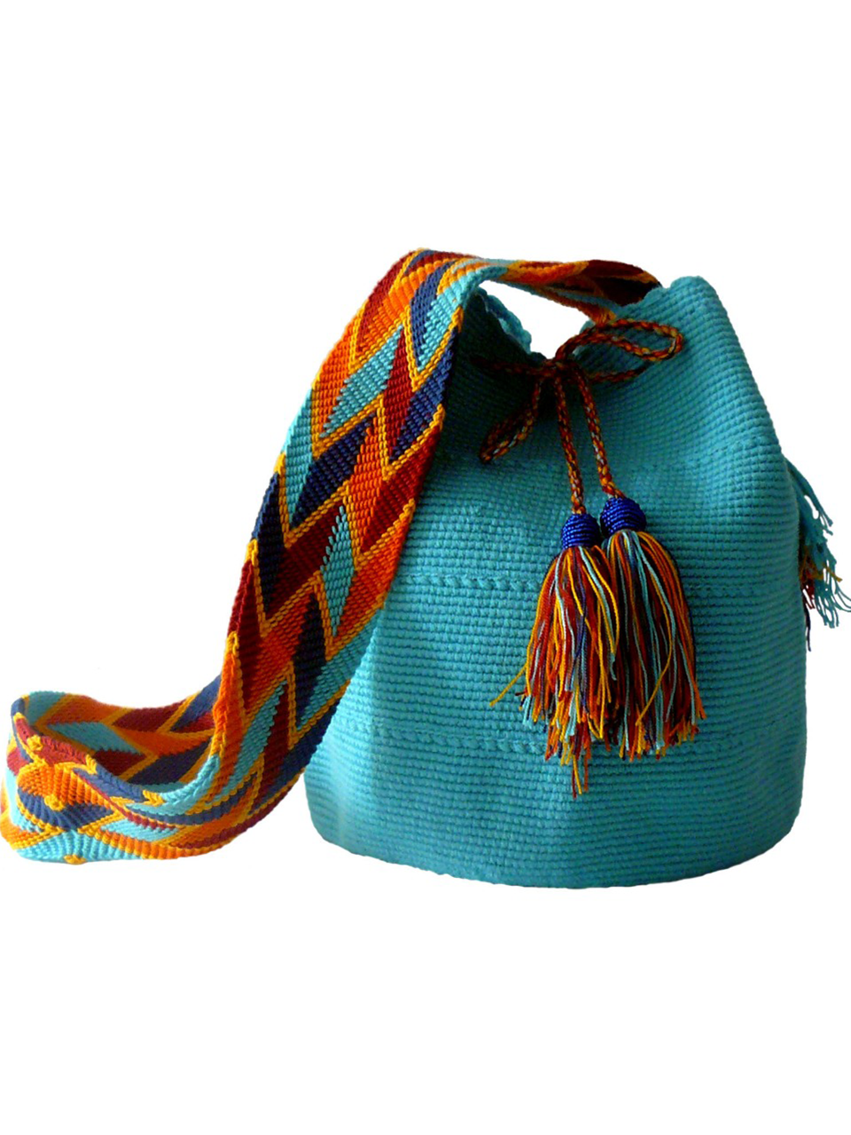 Turquoise woven shoulder bag with tassels and beads Palmazul Beachwear Wayuu Mochila