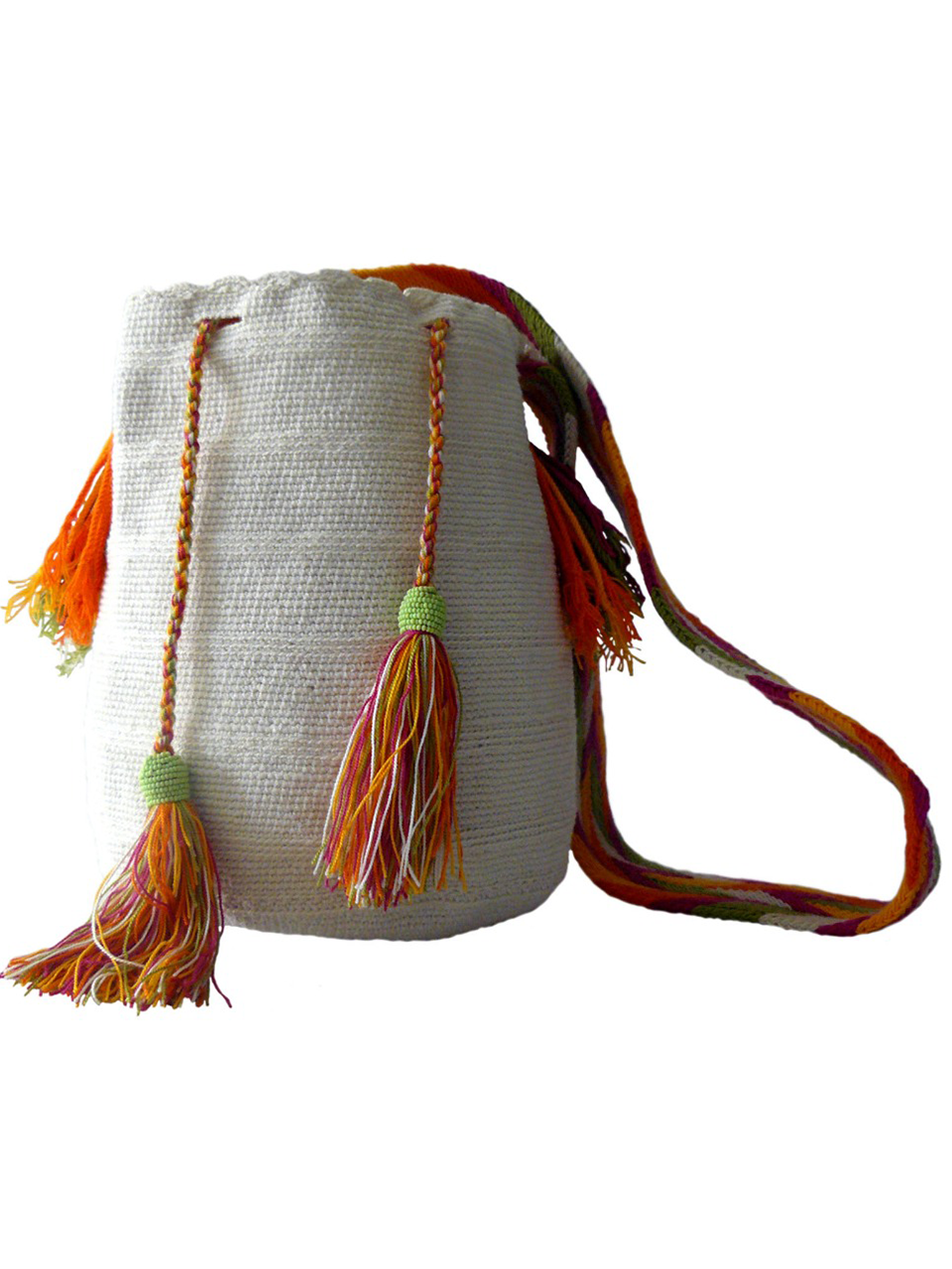 White woven shoulder bag with tassels and beads Palmazul Beachwear Wayuu Mochila